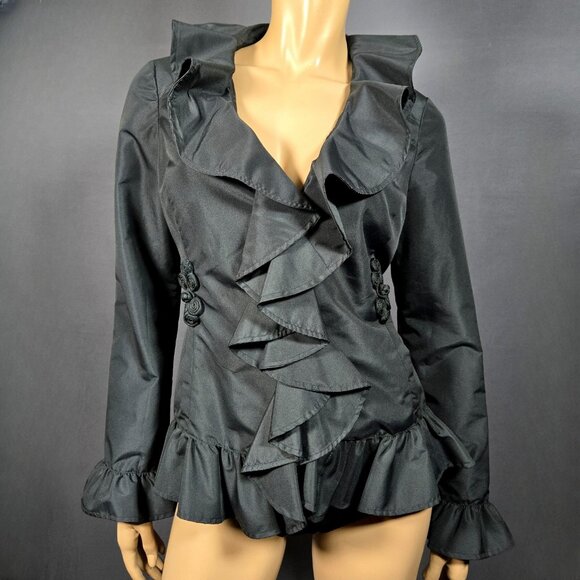 Y2K Black Ruffled Taffeta Jacket size S Edwardian Gothic Fairy Witchy Whimsigoth - Picture 1 of 9